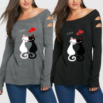Sweet Contrast Color Boat-neck Long Sleeve Kitty Printed Slim Fit Shirt
