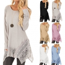 Fashion Long Sleeve Round Neck Lace Spliced Irregular Hem 