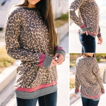 Fashion Contrast Color Round-neck Leopard Print Shirt