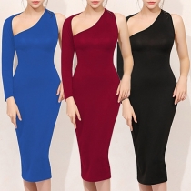 Sexy One-shoulder Long Sleeve Solid Color Slim Fit Party Dress