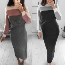 Fashion Contrast Color Round-neck Long Sleeve Top + Solid  Color Slim Fit Over-hip Dress Two-piece Set