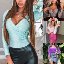 Sexy Deep V-neck Long Sleeve Solid Color Bodysuit 
