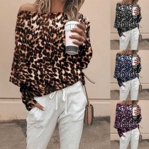 Fashion Contrast Color Boat-neck Leopard Printed Long Sleeve Shirt