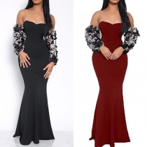 Sexy Off-shoulder Embroidered Sequin Spliced Long Sleeve Evening Dress