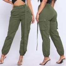 Fashion Solid Color High Waist Backless Side Pockets Casual Pants(Without Waistband)
