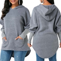  Fashion Solid Color Long Sleeve High-low Hemline Side Pockets Hooded Sweatshirt