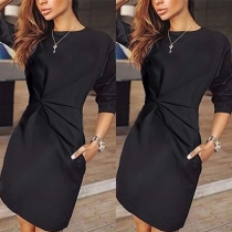  Fashion Round-neck 3/4 Sleeve Solid Color Twisting Dress
