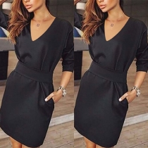 Fashion Deep V-neck Solid Color Long Sleeve Slim Fit Over-hip Dress