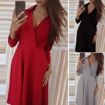 Fashion Solid Color Lapel Collar Long Sleeve Pleated Hemline Dress