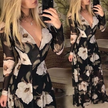 Sexy Deep V-neck Long Sleeve High Waist Printed Maxi Dress