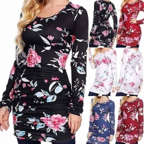 Fashion Short Sleeve Round Neck Slim Fit Printed Dress