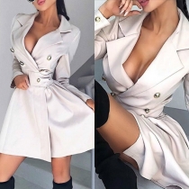 Fashion Solid Color Long Sleeve Double-breasted Windbreaker Coat 