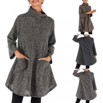 Fashion Long Sleeve Mock Neck Front-pocket Loose Knit Dress