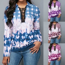 Fashion Long Sleeve POLO Collar Lace-up Plaid Printed Blouse 