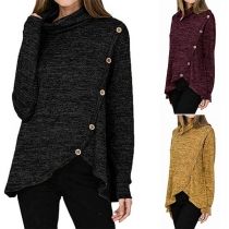 Fashion Long Sleeve Irregular Hem Cowl Neck Side-button Sweatshirt 