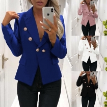 OL Style Long Sleeve Double-breasted Solid Color Blazer