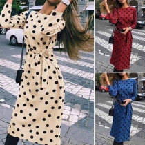 Fashion Long Sleeve Round Neck Dots Printed Dress