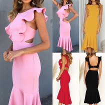 Sexy Backless Sleeveless Round Neck Fishtail Hem Solid Color Dress