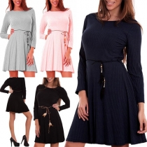 Fashion Solid Color Long Sleeve Round Neck Dress
