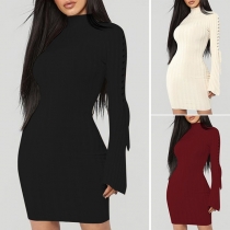Sexy Lace-up Trumpet Sleeve Mock Neck Solid Color Slim Fit Dress