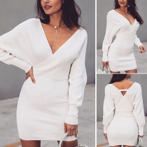 Sexy Backless V-neck Long Sleeve Slim Fit Sweater Dress