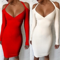 Sexy Off-shoulder Long Sleeve V-neck Solid Color Boodycon Dress