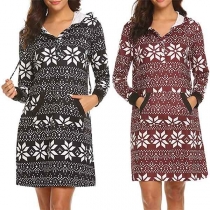 Fashion Printed Long Sleeve Hooded Sweatshirt Dress