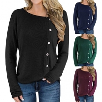 Fashion Solid Color Long Sleeve Round Neck Side-button T-shirt