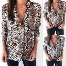 Fashion Snakeskin Printed Long Sleeve Stand Collar Shirt