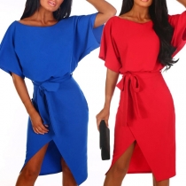 Fashion Solid Color Short Sleeve Round Neck Irregular Hem Dress