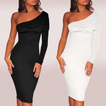 Sexy One-shoulder Long Sleeve Solid Color Tight Dress