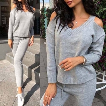 Sexy Off-shoulder Long Sleeve V-neck Top + Pants Knit Two-piece Set