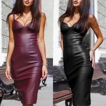 Sexy Deep V-neck Solid Color Slim Fit Sling PU Leather Dress