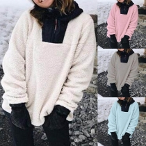 Fashion Contrast Color Long Sleeve Hooded Plush Sweatshirt 