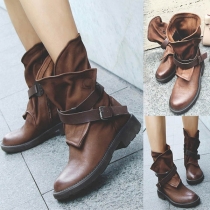 Retro Style Round Toe Flat Heel Buckle Strap Boots Booties