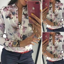 OL Style Long Sleeve Stand Collar Printed Blouse