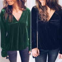 Sexy V-neck Long Sleeve Solid Color Top