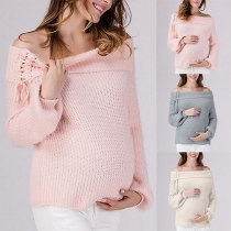 Sexy Lace-up Boat Neck Long Sleeve Solid Color Maternity Sweater