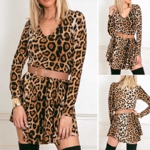Sexy V-neck Long Sleeve Leopard Print Dress