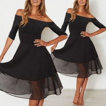 Sexy Off-shoulder Boat Neck Half Sleeve Gauze Spliced Dress