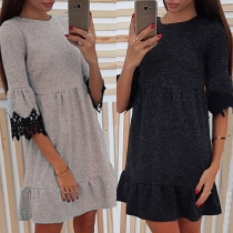 Fashion Lace Spliced 3/4 Sleeve Round Neck Ruffle Hem Dress