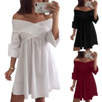 Sexy Off-shoulder V-neck Long Sleeve Solid Color Dress
