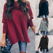 Fashion Solid Coloe Dolman Sleeve Turtleneck Irregular Hem Top