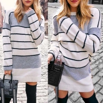 Fashion Long Sleeve Round Neck Slim Fit Striped Knit Dress