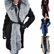 Fashion Solid Color Self-tie Long Sleeve Faux Fur Speliced Hooded Warm Coat