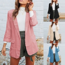 Fashion Solid Color Open Front Notched Lapel Long Sleeve Coat
