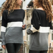 Fashion Contrast Color Long Sleeve Round Neck Knit Top