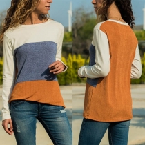 Fashion Contrast Color Long Sleeve Round Neck T-shirt 
