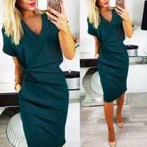 Sexy V-neck Short Sleeve Solid Color Wrinkled Dress