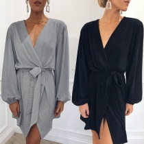 Sexy Deep V-neck Lantern Sleeve Irregular Hem Solid Color Dress